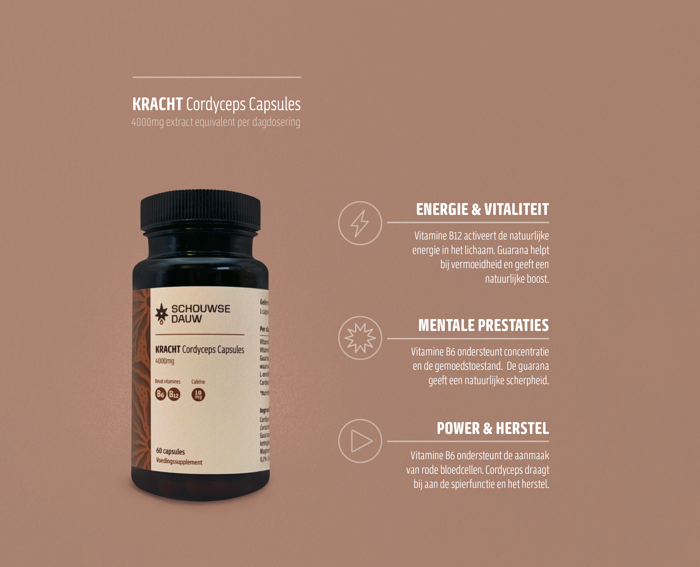 KRACHT • Cordyceps Capsules 4000mg met Cafeïne | Kracht & Energie | 60 Stuks