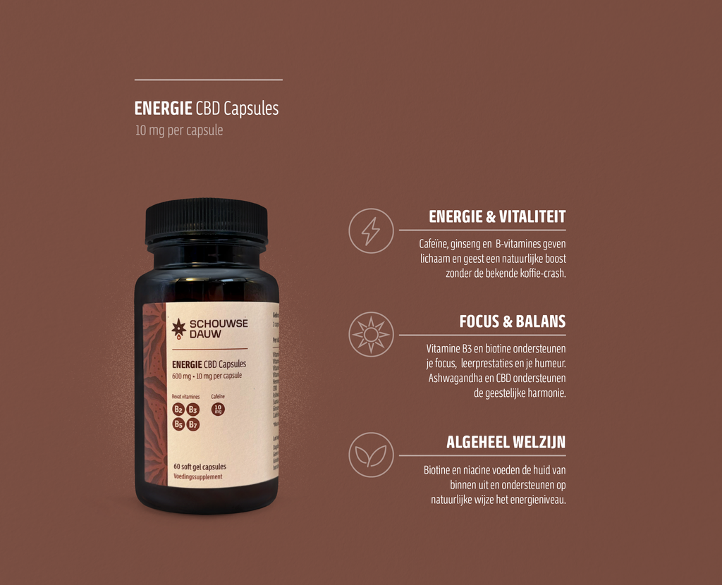 ENERGIE • CBD Capsules (10mg CBD per capsule) met Cafeïne en Vitamine B-complex | 60 Stuks