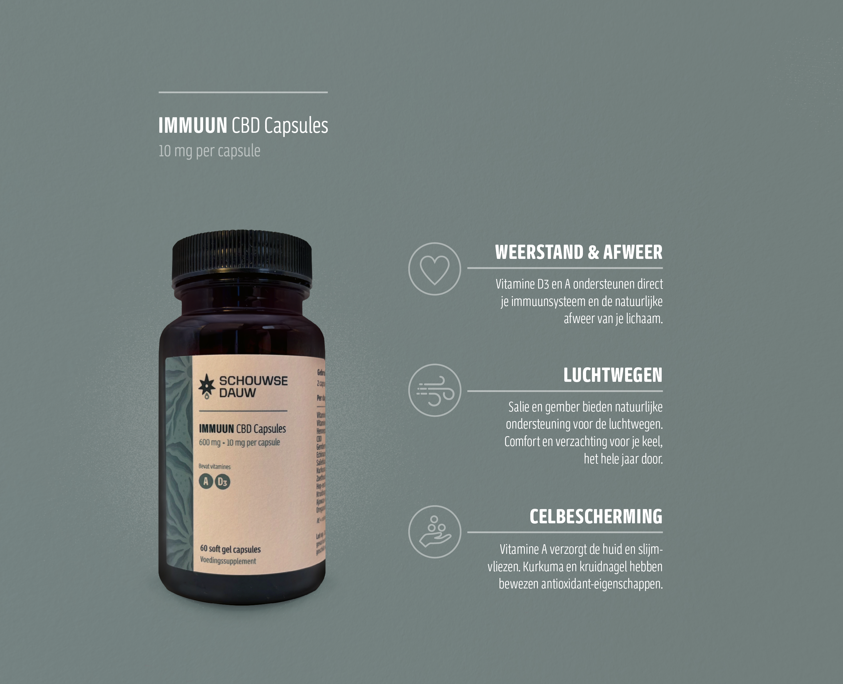 IMMUUN • CBD Capsules (10mg CBD per capsule) | Met Vitamine A & D3| 60 Stuks